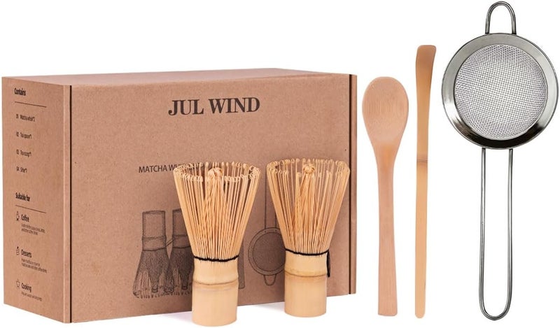 JUL WIND Bamboo Matcha Whisk Set with 2-pack 100% Natural Bamboo matcha Whisk,Sifter,Tea Scoop and Tea Spoon，Handcrafted Traditional Japanese Chasen, Matcha Kit for Authentic Matcha Tea Preparation - Image 1