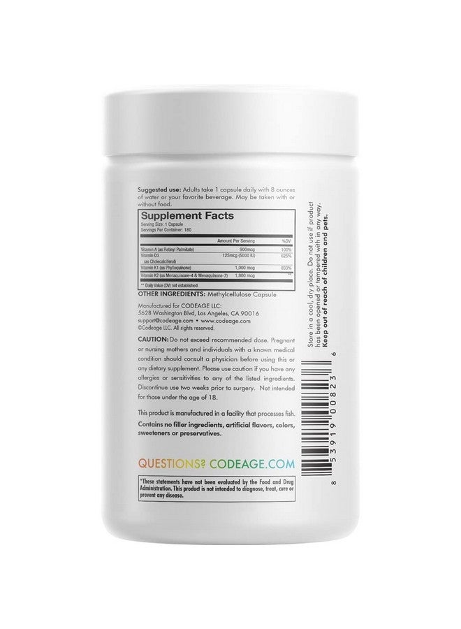 Codeage Adk Vitamin Supplement Vitamin A Vitamin D3 5000 Iu Cholecalciferol Vitamin K1 & K2 (Mk4 & Mk7) 6Month Supply Only One Daily Pill Helps Support Immune Health Bone & Heart 180 Capsules - Image 3