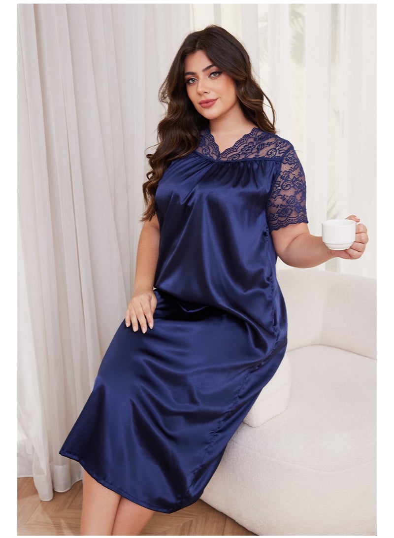 Oversize  Long Nightgown Women's Sleepwear Patchwork Lace Short Sleeve Nightdress Home Clothes Loose Satin Loungewear - Image 3