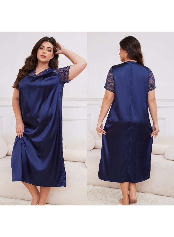 Oversize  Long Nightgown Women's Sleepwear Patchwork Lace Short Sleeve Nightdress Home Clothes Loose Satin Loungewear - Image 1