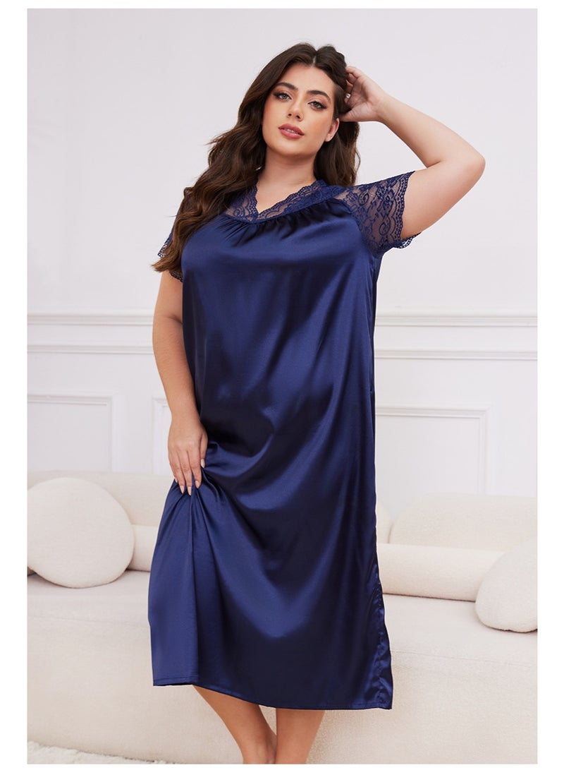 Oversize  Long Nightgown Women's Sleepwear Patchwork Lace Short Sleeve Nightdress Home Clothes Loose Satin Loungewear - Image 2