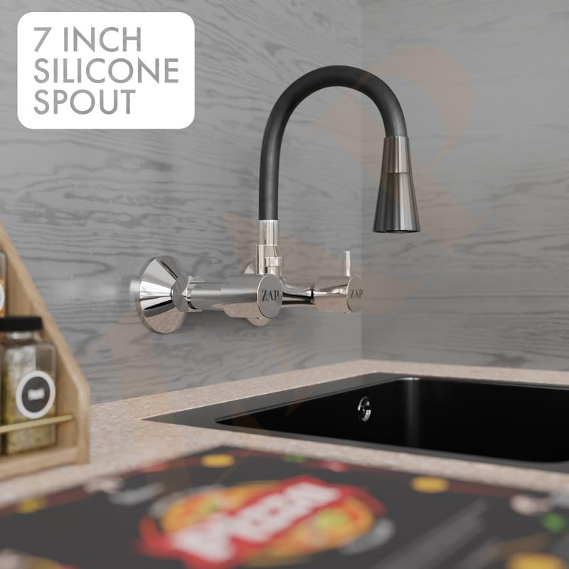 ZAP Elixir Series Dual Flow Sink Mixer | 360° Swivel Silicone Spout | Dual Handle Brass Kitchen Tap for Hot and Cold Water | Wall Flange | 7-Year Warranty | Chrome & Black Finish - Image 4