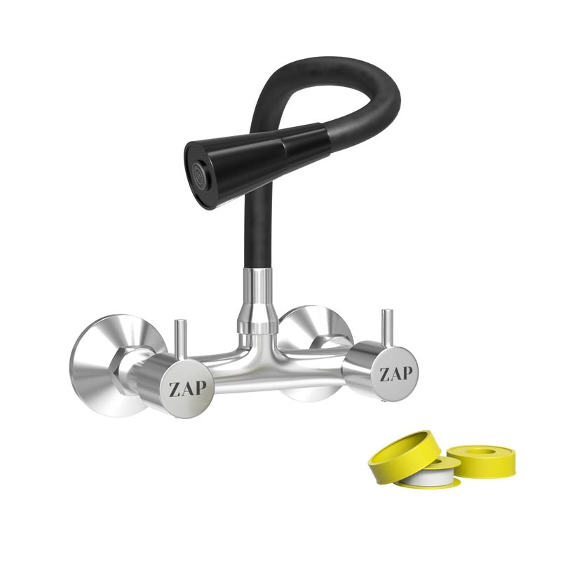 ZAP Elixir Series Dual Flow Sink Mixer | 360° Swivel Silicone Spout | Dual Handle Brass Kitchen Tap for Hot and Cold Water | Wall Flange | 7-Year Warranty | Chrome & Black Finish - Image 1