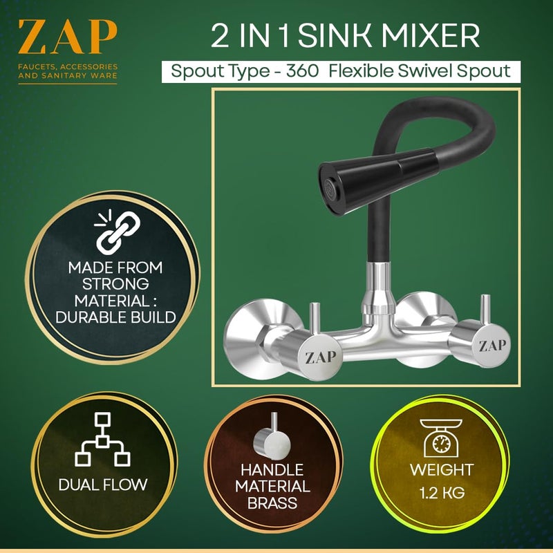 ZAP Elixir Series Dual Flow Sink Mixer | 360° Swivel Silicone Spout | Dual Handle Brass Kitchen Tap for Hot and Cold Water | Wall Flange | 7-Year Warranty | Chrome & Black Finish - Image 2