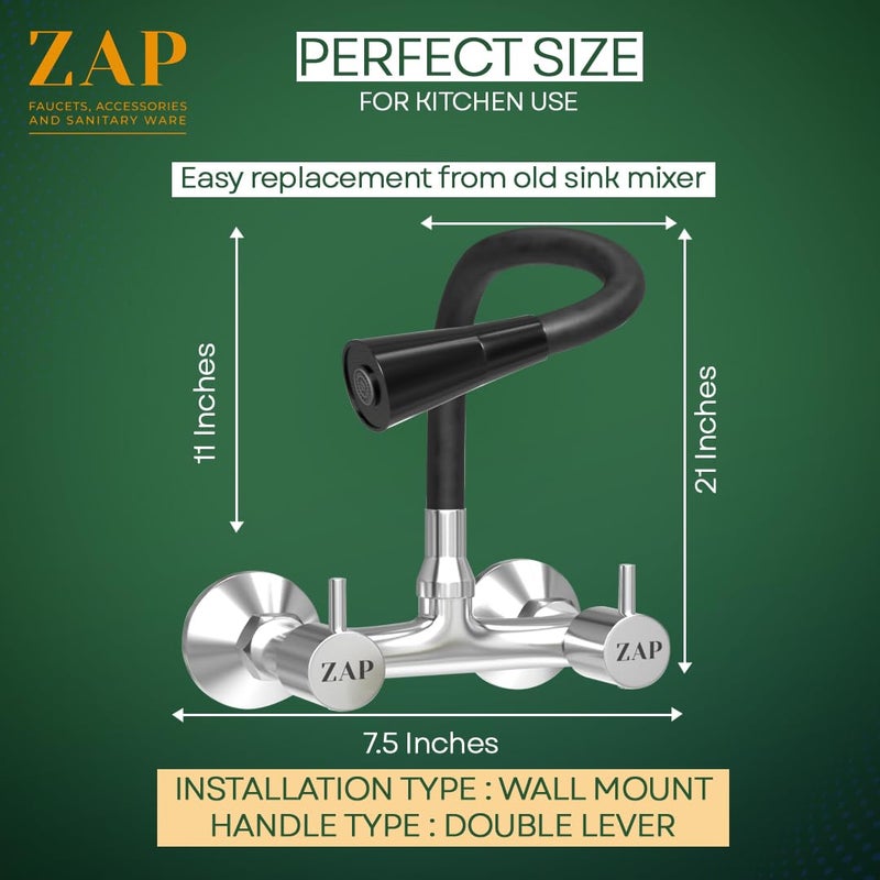 ZAP Elixir Series Dual Flow Sink Mixer | 360° Swivel Silicone Spout | Dual Handle Brass Kitchen Tap for Hot and Cold Water | Wall Flange | 7-Year Warranty | Chrome & Black Finish - Image 3
