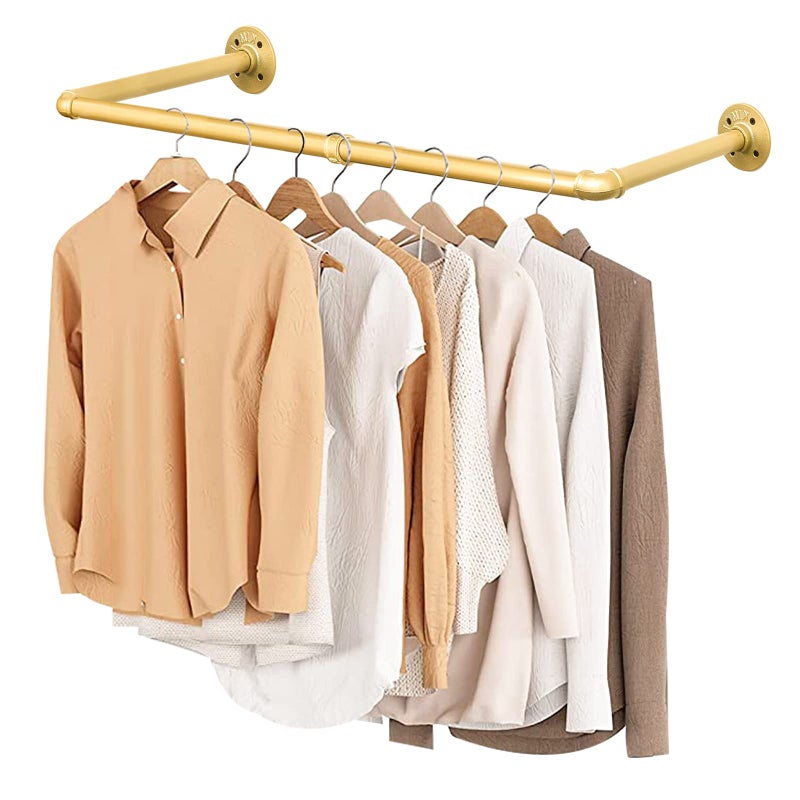 Fobule 48 Gold Wall Mounted Clothes Rack Industrial Pipe Iron Garment Bar HeavyDuty Detachable Clothing Rod MultiPurpose Metal Wall display Hanging Pole for Closet Storage Laundry Room 2 Base