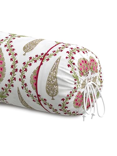 Clasiko® Cotton Bolster Covers; Set of 2; 220 TC;White Pink Block Print; 30x15 Inches - Image 4