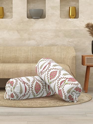 Clasiko® Cotton Bolster Covers; Set of 2; 220 TC;White Pink Block Print; 30x15 Inches - Image 2