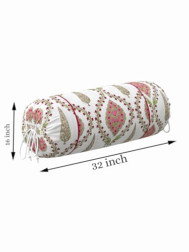 Clasiko® Cotton Bolster Covers; Set of 2; 220 TC;White Pink Block Print; 30x15 Inches - Image 3
