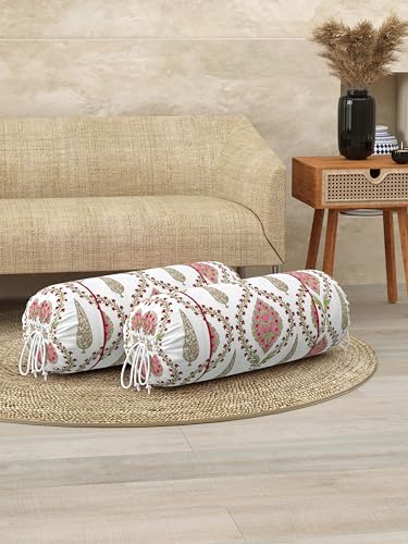 Clasiko® Cotton Bolster Covers; Set of 2; 220 TC;White Pink Block Print; 30x15 Inches - Image 5