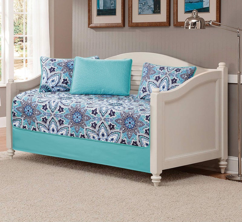 Mk Home 5pc Daybed Set Quilted Bedspread Coverlet New (Medallion Aqua Turquoise Coastal Plain Grey Green White)