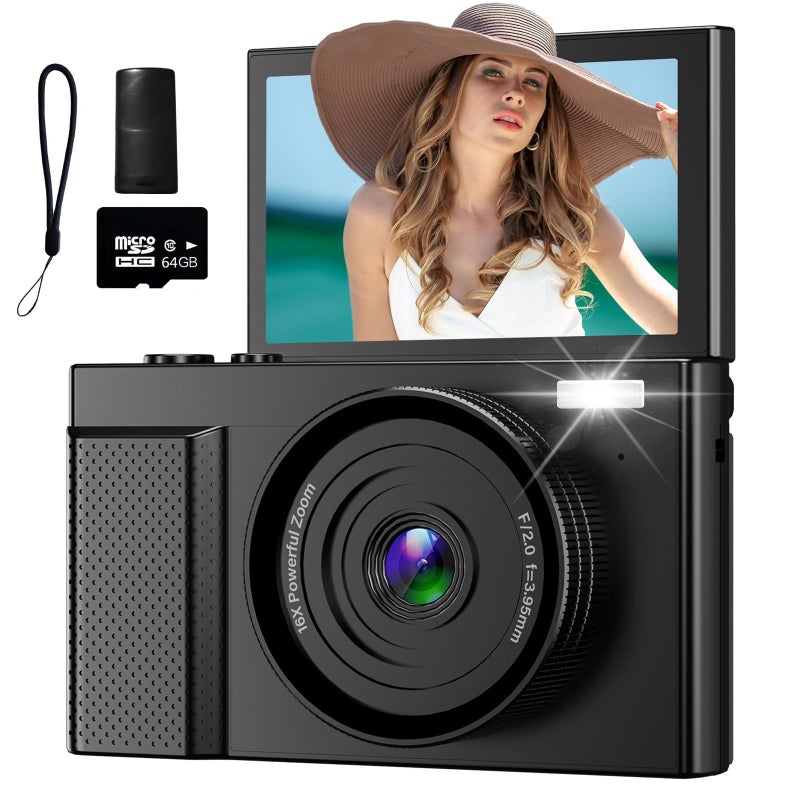 TZZPL 4K Digital Camera for Photography, 64MP Vlogging Video Camera for YouTube with 3'' 180Â°Flip Screen, 64GB Micro SD Card, 16x Digital Zoom Point Shoot Compact Travel Vintage Cameras (Black) - Image 1