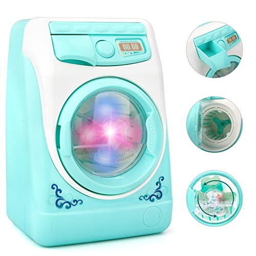 deAO Washing Machine Toy for Kids Dollhouse Furniture Pretend Play Household Appliance Realistic Sounds with Lights Laundry Play Set with Rotatable Roller for Boys Girls - Image 3