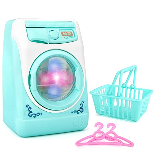 deAO Washing Machine Toy for Kids Dollhouse Furniture Pretend Play Household Appliance Realistic Sounds with Lights Laundry Play Set with Rotatable Roller for Boys Girls - Image 1
