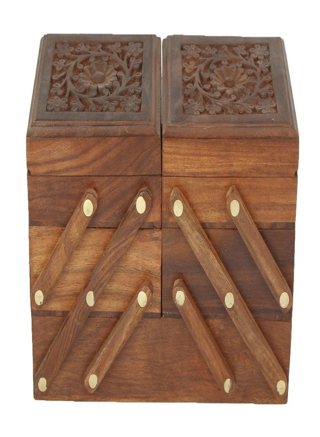 ITOS365 Wooden 5-in-1 Jewellery Box for Women - Wood Brown Finish | Handmade Jewellery Storage Ogranizer With Multiple Compartments & Carvings | Birthday & Valentine Gift For Women - Image 2