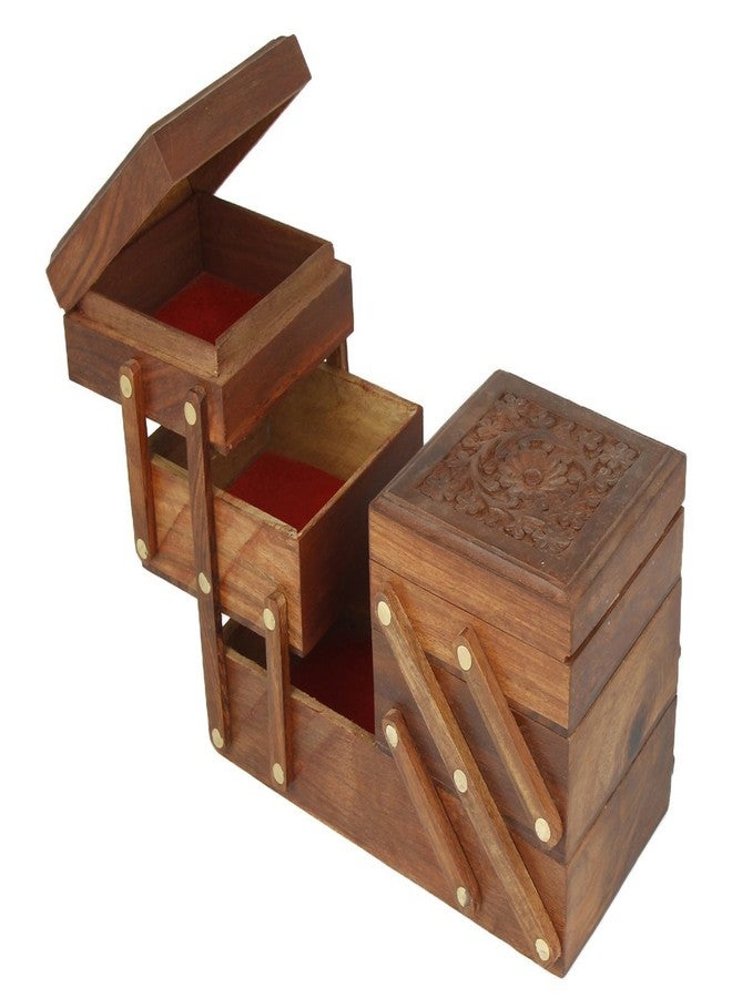 ITOS365 Wooden 5-in-1 Jewellery Box for Women - Wood Brown Finish | Handmade Jewellery Storage Ogranizer With Multiple Compartments & Carvings | Birthday & Valentine Gift For Women - Image 3