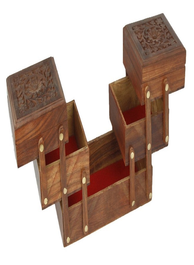 ITOS365 Wooden 5-in-1 Jewellery Box for Women - Wood Brown Finish | Handmade Jewellery Storage Ogranizer With Multiple Compartments & Carvings | Birthday & Valentine Gift For Women - Image 1