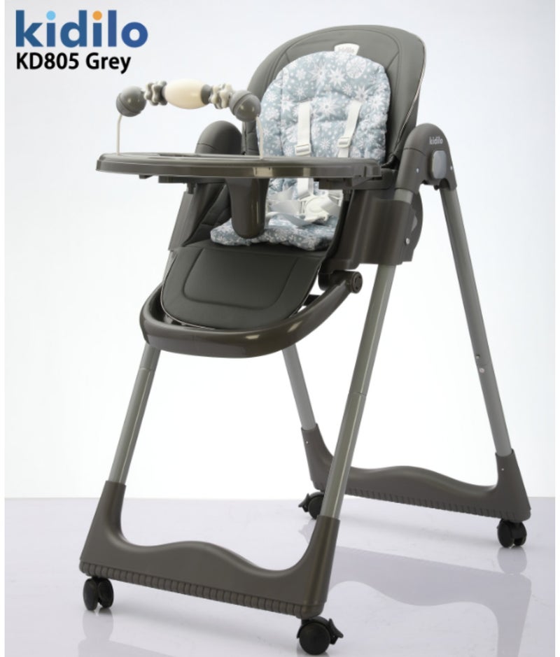 Kidilo KD805 Baby High Chair | Reclining Seat with Padded Insert | Detachable Double Feeding Tray & Toy Bar | 5-Point Safety Harness | Lockable Rolling Wheels | Easy-Clean Design | Wide Stable Base