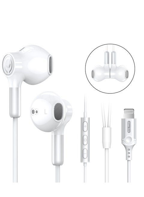 Dawlink Half In-Ear Wired Earphones with Lightning Connector, Magnetic Earbuds with Mic & Volume Control, Compatible with iPhone 14/13/12/11/SE/XR/X/8/7, Noise Isolating, 1.2M Cable – White