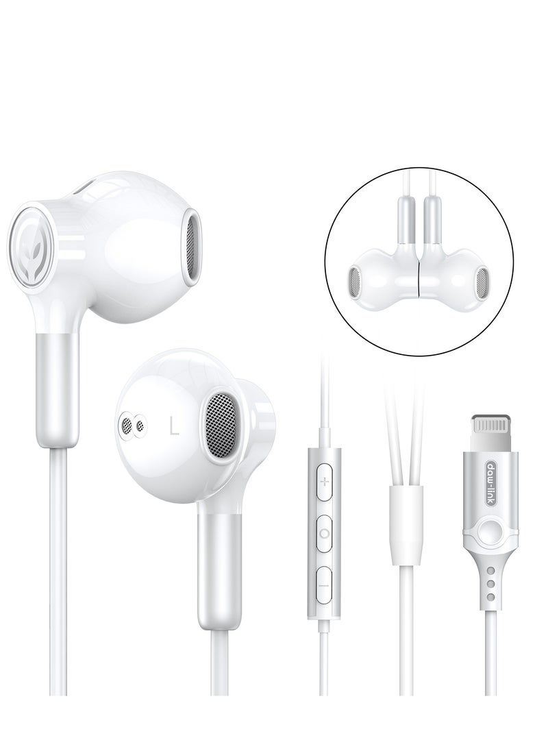 Dawlink Half In-Ear Wired Earphones with Lightning Connector, Magnetic Earbuds with Mic & Volume Control, Compatible with iPhone 14/13/12/11/SE/XR/X/8/7, Noise Isolating, 1.2M Cable – White