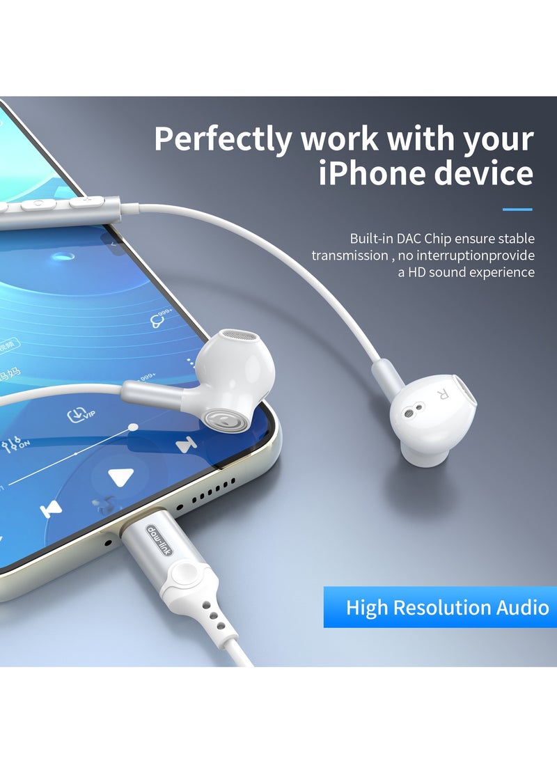 Dawlink Half In-Ear Wired Earphones with Lightning Connector, Magnetic Earbuds with Mic & Volume Control, Compatible with iPhone 14/13/12/11/SE/XR/X/8/7, Noise Isolating, 1.2M Cable – White