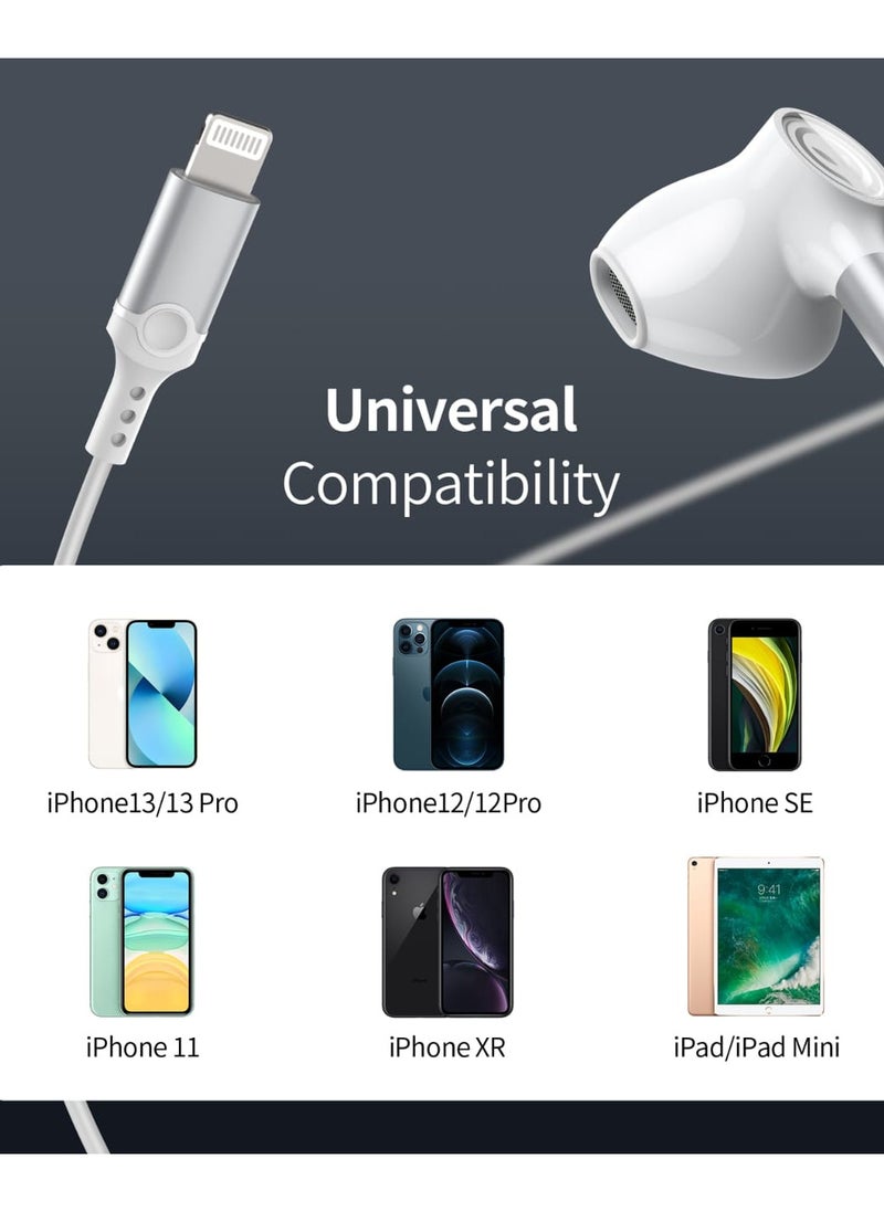 Dawlink Half In-Ear Wired Earphones with Lightning Connector, Magnetic Earbuds with Mic & Volume Control, Compatible with iPhone 14/13/12/11/SE/XR/X/8/7, Noise Isolating, 1.2M Cable – White