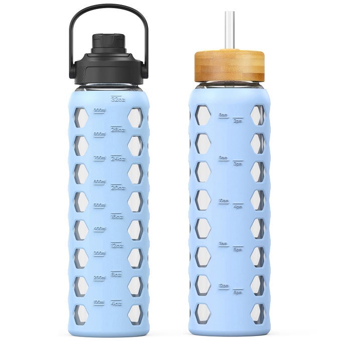 GLASS WATER BOTTLES32OZ GLASS TUMBLER WITH STRAWDRINKING BOTTLES WITH 2 LIDSHANDLE SPOUT LIDBAMBOO STRAW LIDMOTIVATIONAL WATER BOTTLE WITH TIME MARKER AND SILICONE SLEEVE1 PACKGLACIER