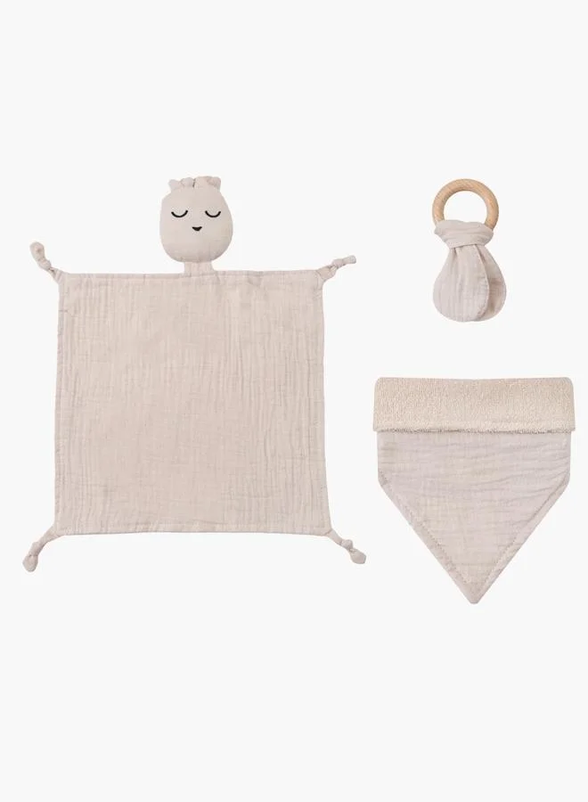 Luna & Lily 3-Piece Plush Head Toy, Textured Bib and Wooden Teether Loop Set
