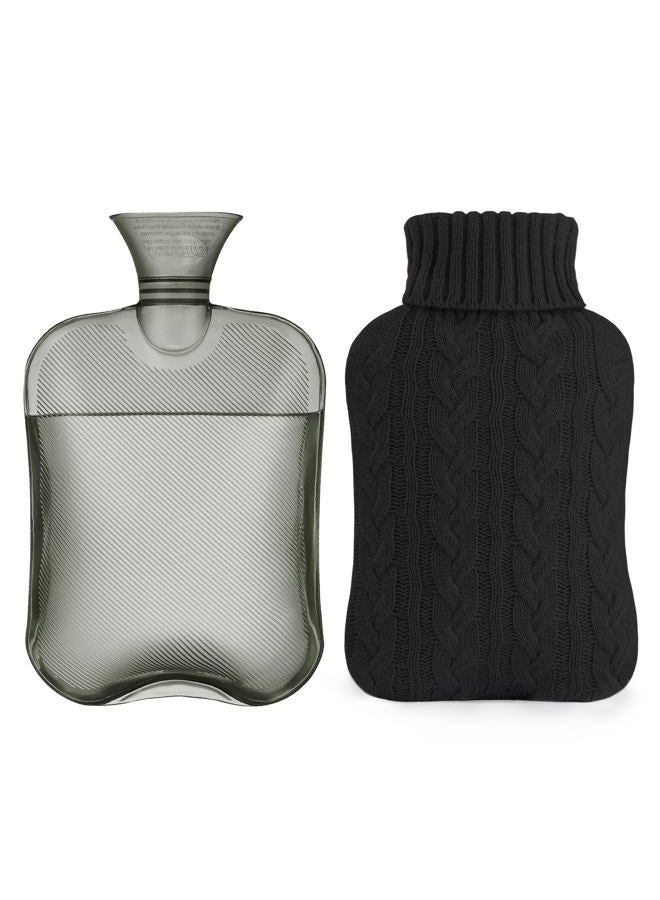 samply Transparent Hot Water Bottle- 2 Liter Water Bag with Knitted Cover, Black - Image 1