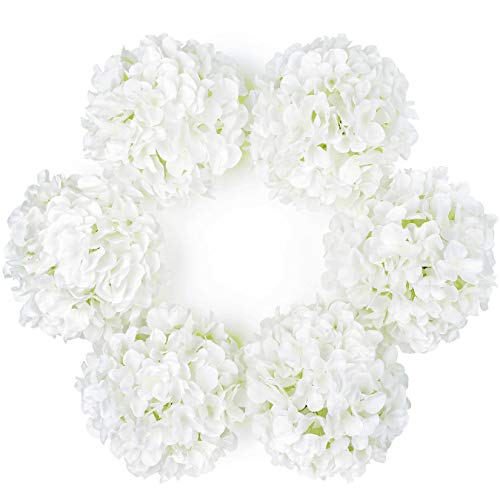 DuHouse Artificial Bigger Silk Hydrangea Flower Heads with Stem Fake White Hydrangea Flowers for Wedding Home Garden Centerpiece Pack of 6 - Image 1