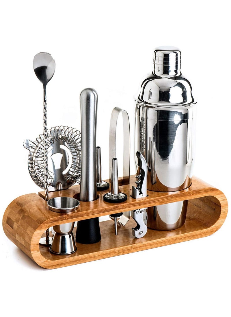 Festive Gallery 11-Piece Bar Tool Set With Stylish Bamboo Stand - Perfect Home Bartending Kit And Martini Cocktail Shaker For An Awesome Drink Mixing Experience ExclUSive Recipes BonUS, Silver  - Image 1