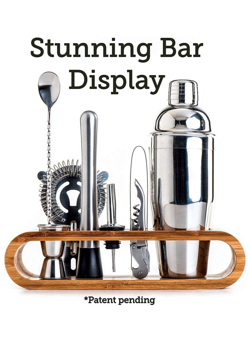 Festive Gallery 11-Piece Bar Tool Set With Stylish Bamboo Stand - Perfect Home Bartending Kit And Martini Cocktail Shaker For An Awesome Drink Mixing Experience ExclUSive Recipes BonUS, Silver  - Image 4