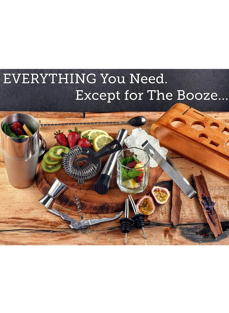 Festive Gallery 11-Piece Bar Tool Set With Stylish Bamboo Stand - Perfect Home Bartending Kit And Martini Cocktail Shaker For An Awesome Drink Mixing Experience ExclUSive Recipes BonUS, Silver  - Image 2