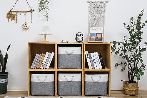 MidmmVick 13 x 13 Inch Cube Storage Bins, 4 Pack Large Collapsible Fabric Storage Bin with Ropes, Foldable Storage Cubes for Home, Office,Closet, Clothes, Toys Organizer (White & Grey) - Image 2