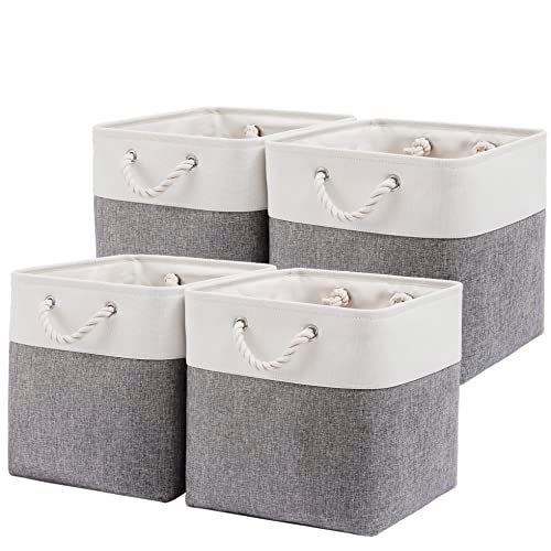 MidmmVick 13 x 13 Inch Cube Storage Bins, 4 Pack Large Collapsible Fabric Storage Bin with Ropes, Foldable Storage Cubes for Home, Office,Closet, Clothes, Toys Organizer (White & Grey) - Image 1