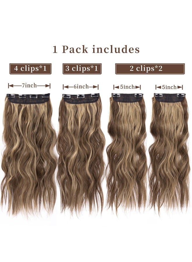 LEEONS 4PCS Clip in Hair Extensions Honey Blonde Mixed Light Brown 20 Inch Long Wavy Synthetic Hair Extensions (4pcs, 20Inch, 22H10#) - Image 2