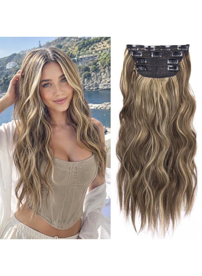 LEEONS 4PCS Clip in Hair Extensions Honey Blonde Mixed Light Brown 20 Inch Long Wavy Synthetic Hair Extensions (4pcs, 20Inch, 22H10#) - Image 1