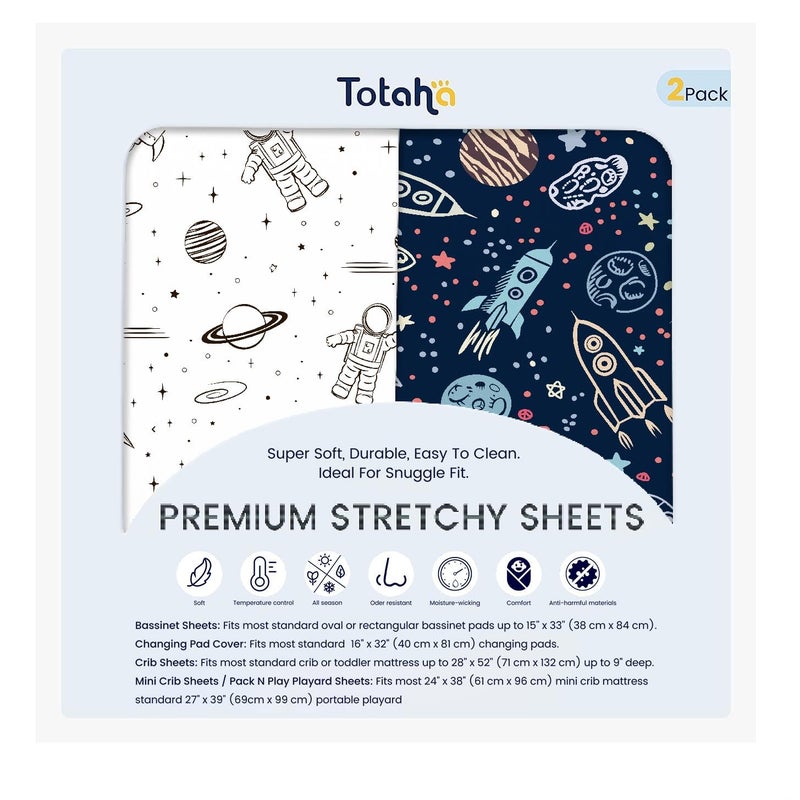 TotAha Premium Stretchy Space Crib Sheets (2-Pack)-Hypoallergenic, Silky Comfort, Buttery Soft, Calming Effect, All-Season Jersey-Knit Sheets, 9'' Extra Deep Pocket - Image 1