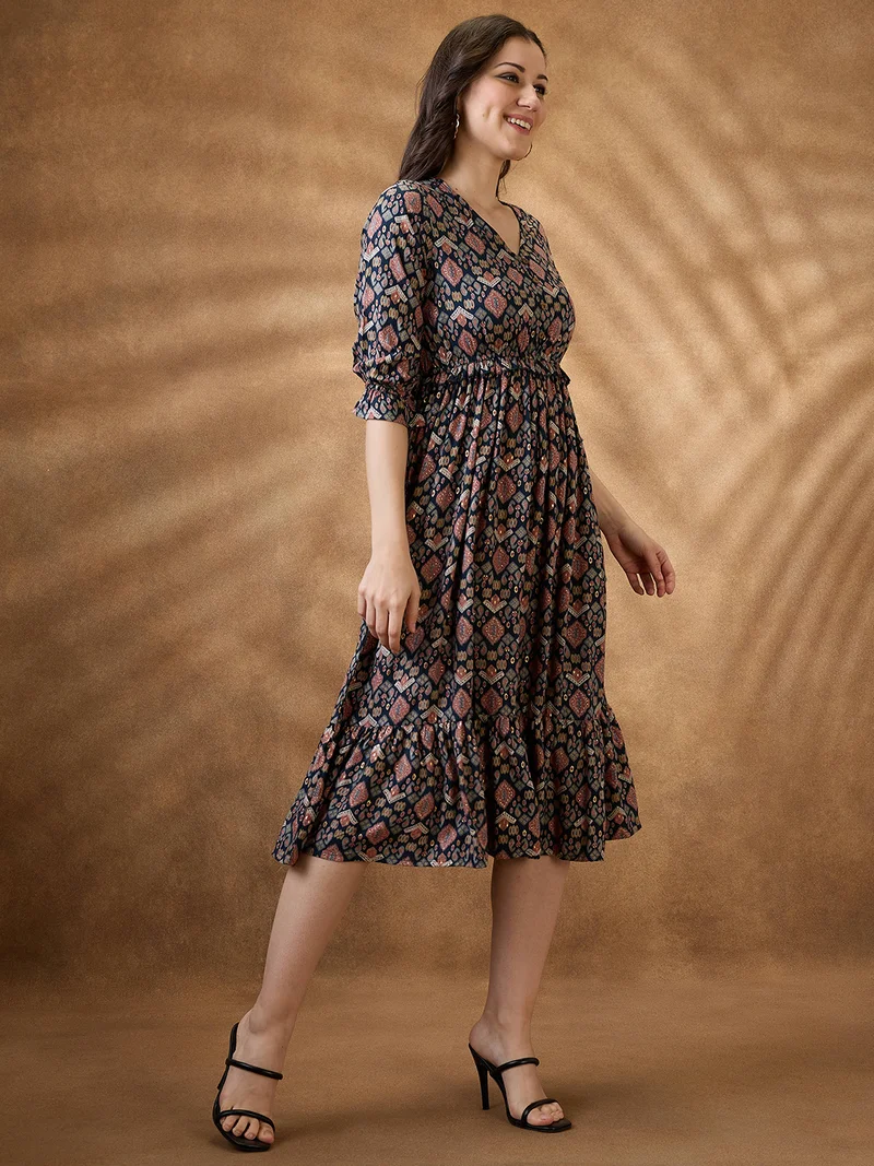 جلو باص Globus Women Teal Ethnic Motifs V-Neck Tie-Up Sleeves Frill Detail Tiered Midi A-Line Fusion Dress
