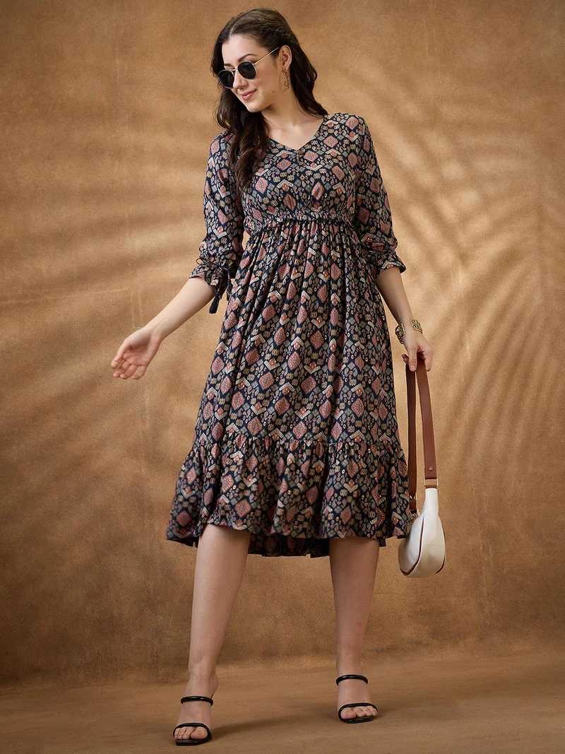 جلو باص Globus Women Teal Ethnic Motifs V-Neck Tie-Up Sleeves Frill Detail Tiered Midi A-Line Fusion Dress