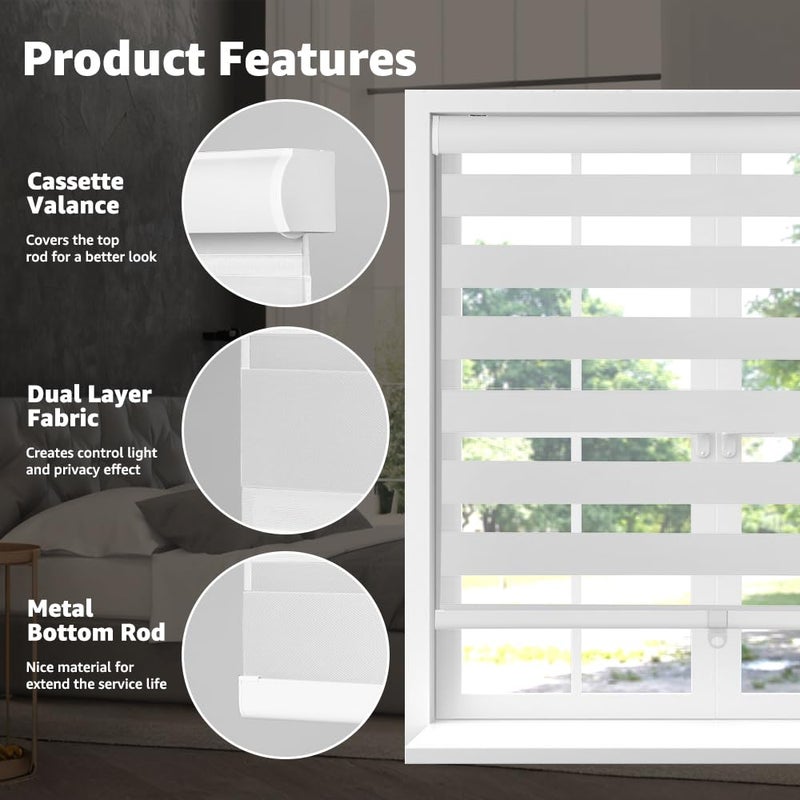 SEEYE Cordless Zebra Blinds for Window, French Door Blinds Free-Stop Roller Window Shades with Valance 18" W x 64" H, 95% Blackout Window Treatment Sheer Blinds & Shades Easy to Install, White - Image 2