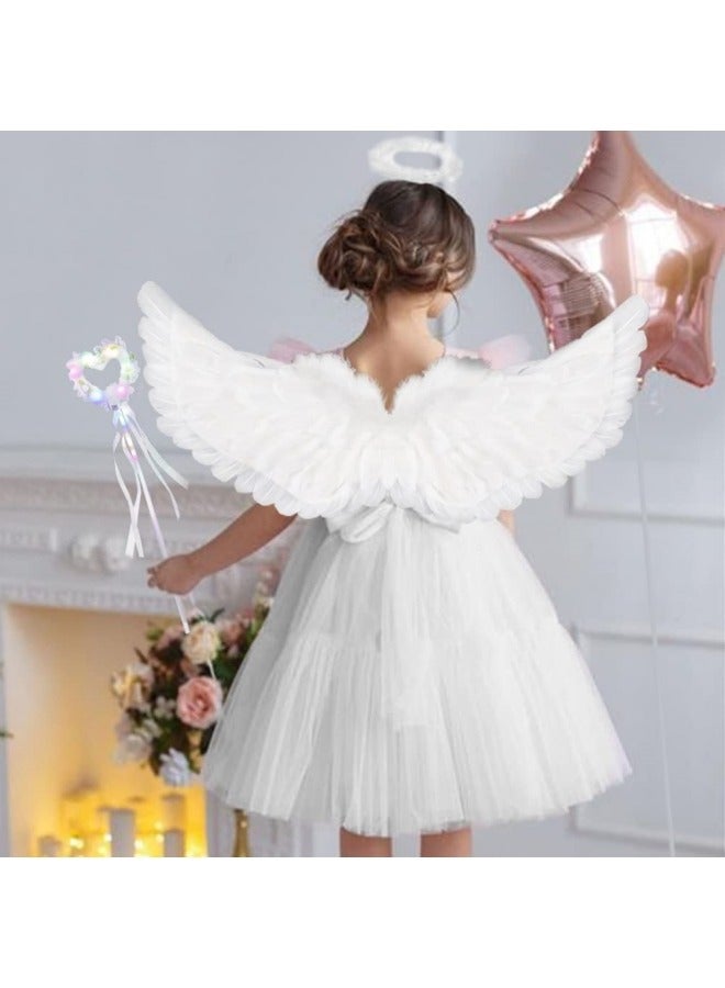 CCOVERY LED Light Up Princess Costume Kids Feather Princess Wings and Halo Headband Tulle Tutu Skirt Fairy Magic Wand Carnival Cosplay Party Costume White Princess Outfits Fancy Dress Up for Girls  - Image 2