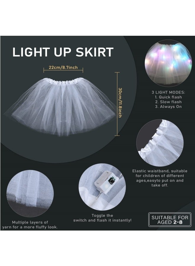 CCOVERY LED Light Up Princess Costume Kids Feather Princess Wings and Halo Headband Tulle Tutu Skirt Fairy Magic Wand Carnival Cosplay Party Costume White Princess Outfits Fancy Dress Up for Girls  - Image 4