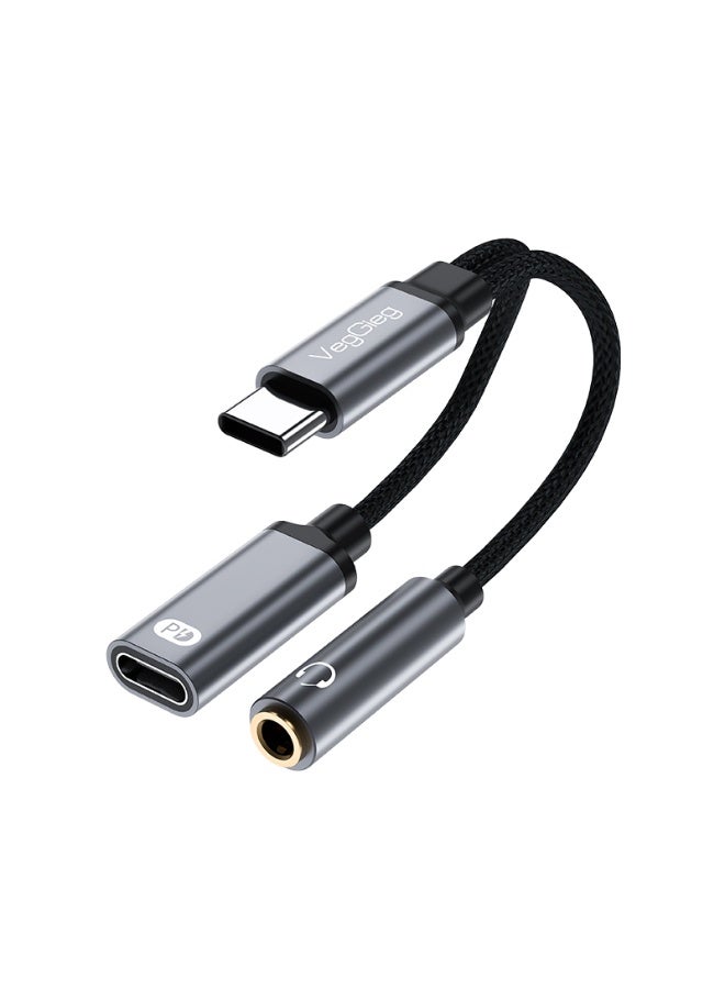 فيج جيج محول شحن USB-C إلى AUX Audio مقاس 3.5 مم + PD - OFC مضفر، توصيل طاقة 60 وات، DAC عالي الدقة، موصلات مطلية بالذهب باللون الأسود - Image 1