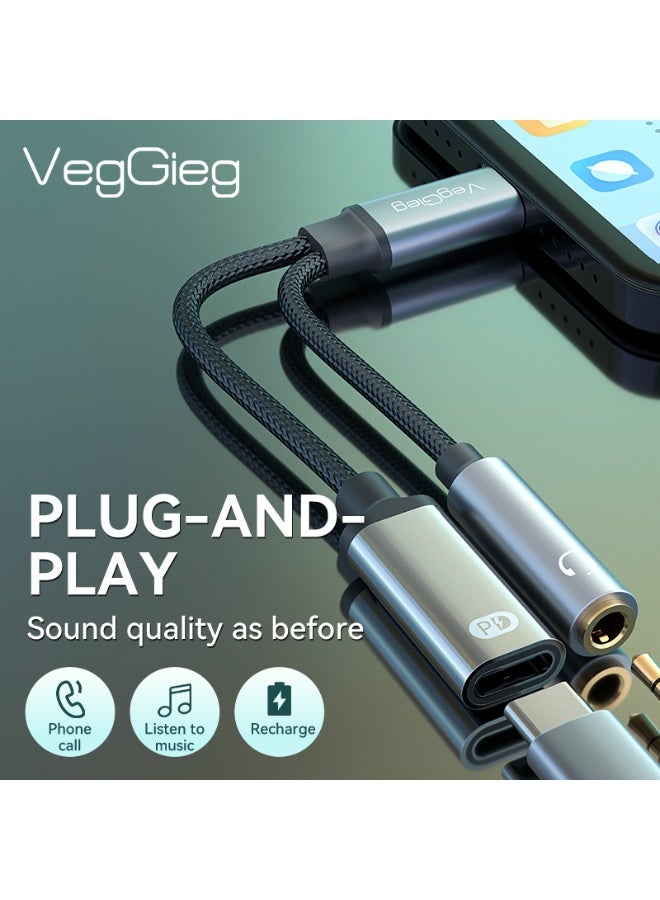 فيج جيج محول شحن USB-C إلى AUX Audio مقاس 3.5 مم + PD - OFC مضفر، توصيل طاقة 60 وات، DAC عالي الدقة، موصلات مطلية بالذهب باللون الأسود - Image 2