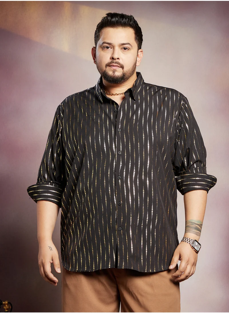 انستافاب بلس Instafab Plus Men's Onyx Black Metallic-Vined Shirt For Casual Wear | Spread Collar | Long Cuffed Sleeves | Button Closure | Plus Size Shirt Crafted With Comfort Fit For Everyday Wear