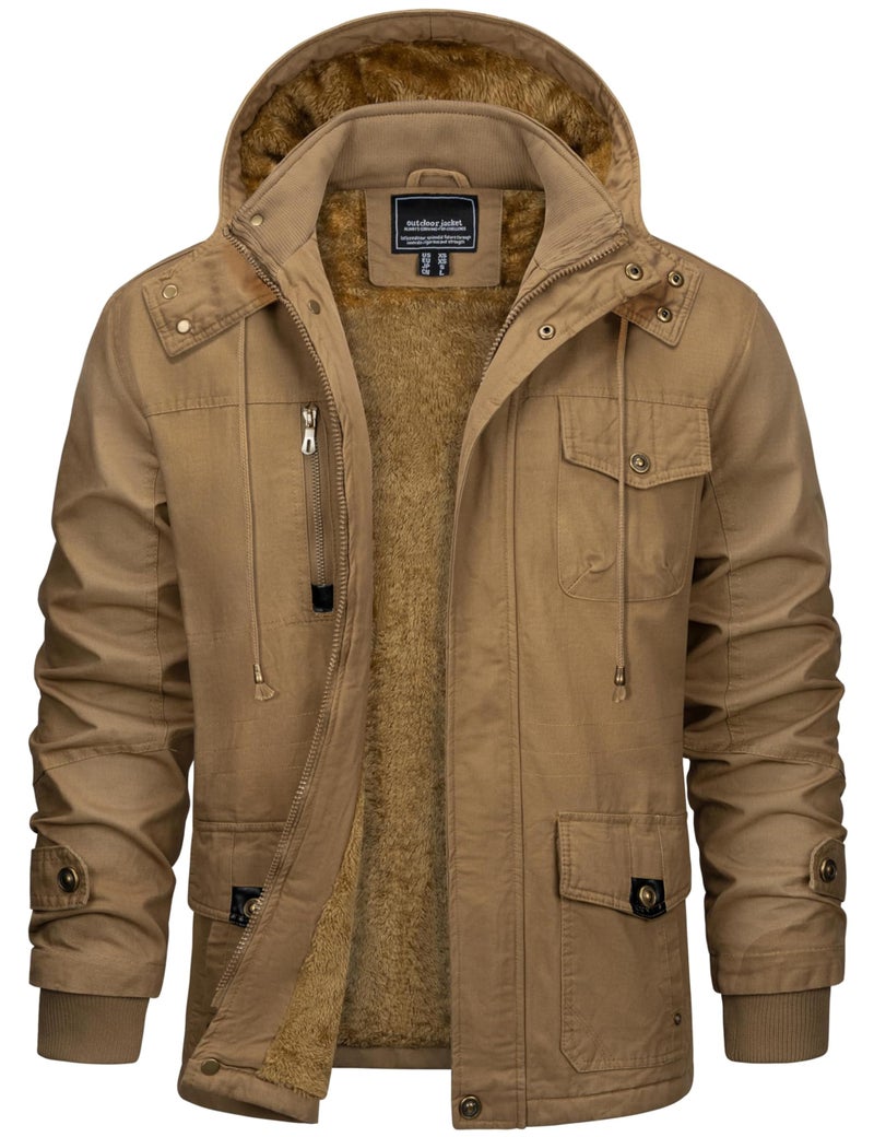 CRYSULLY Men's Winter Jacket Cotton Military Jackets Fleece Lined Thick Warm Cargo Coats Multi-Pocket Outwear with Hooded Khaki L