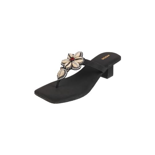 Mochi Women Black Synthetic Floral-Embellished Block Heel Sandal UK/6 EU/39 (32-951) - Image 1