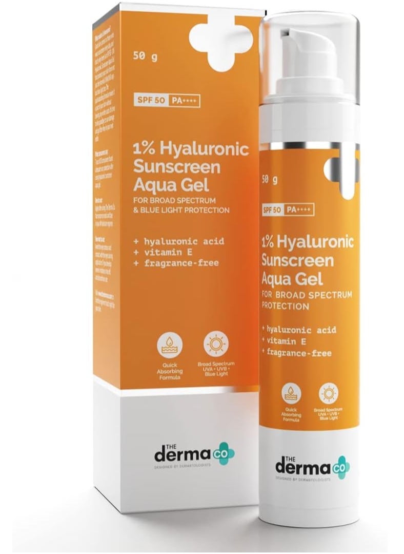 THE derma Co - The Derma Co Hyaluronic Sunscreen Aqua Ultra Light Gel With Spf 50 Pa++++ For Broad Spectrum, UV A, UV B & Blue Light Protection For Oily Skin - 50G - Image 1
