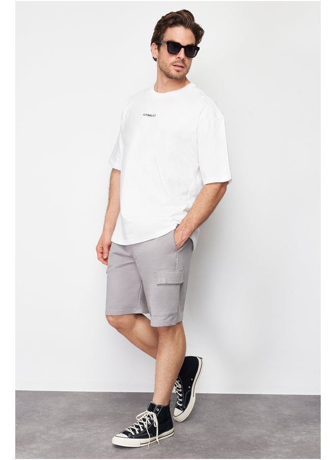 trendyol Gray Oversize/Wide-Fit Concealed Cord Elastic Waist Cargo Pocket Tag Shorts TMNSS24SR00018  - Image 2